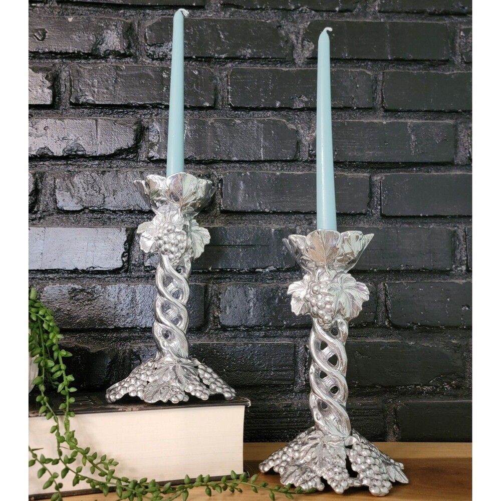 VTG Arthur Court Grape Vine Aluminum Candlesticks Pair 9" Taper Candle Holders